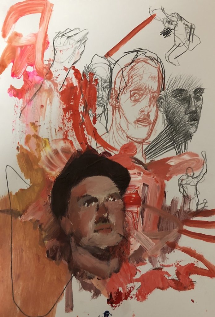 o.T., Acryl, Rötel und Grafit auf Papier, 2019
